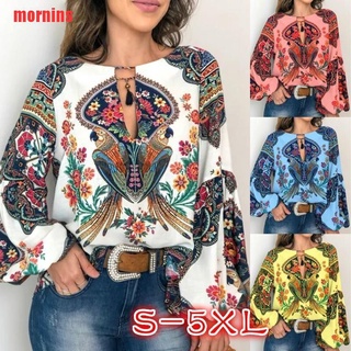 {mornins} blusa Boho talla grande estampado Floral linterna manga camisa mujer Tops Chic blusas IEI