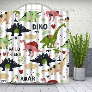 Anime cortinas de ducha encantador interesante dinosaurio rosa verde habitación de los niños animal baño decoración impermeable tela conjunto de cortina (1)