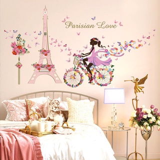 Adorable hada niña torre Eiffel niña equitación mariposa flor princesa pegatinas de pared