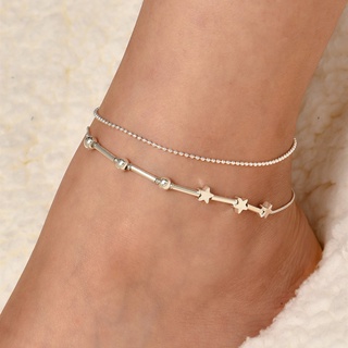 2 Pcs/Set Silver Star Bead Chain Anklet Set for Women Jewelry Gifts