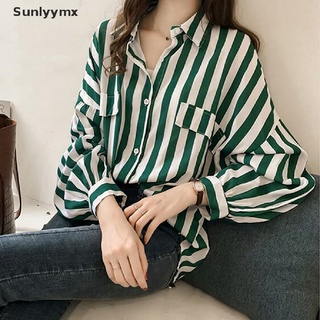 [sxm] mujeres suelto cuello v blusa estilo rayas tops manga larga camiseta casual maxi camisas uyk