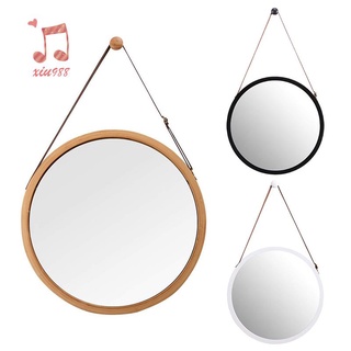 espejo redondo colgante de pared en baño y dormitorio - marco de bambú sólido y correa de cuero ajustable (bambú, 15 pulgadas)