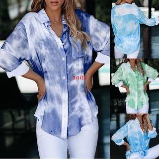 ant mujeres manga larga cuello turndown camisas impreso tie-dye gradiente color botón abajo camisa dobladillo irregular blusa casual