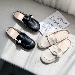 Baotou media zapatillas Baotou media zapatillas 2021 primavera nuevo pequeño zapatos de cuero crema mujer desgaste exterior fondo plano perezoso no tacón Muller sandalias (8)