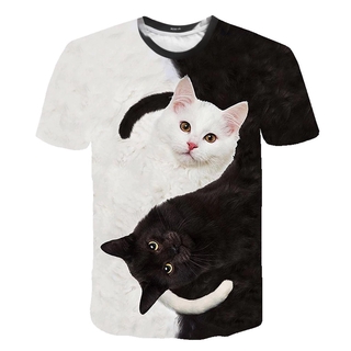 [LGQ] Camiseta Casual Con Estampado De Gato 3D Para Mujer/Manga Corta/Camisa De Verano Con Cuello En O