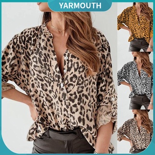 yar_blusa de moda para mujer con cuello de botones y manga larga con estampado de leopardo