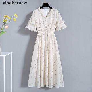 [xinghernew] vestido de gasa para mujer, diseño floral, diseño de hoja de loto, vestido de longitud media, vintage, una línea caliente