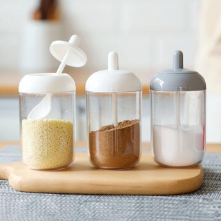 Botella de plástico para condimentos de cocina con tapa de cuchara/sal de azúcar dispensadores de pimienta olla/tarro de especias de miel contenedor herramientas