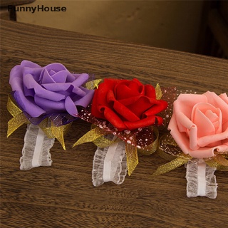 [funnyhouse] Nueva pulsera de dama de honor ramillete de boda, fiesta, rosa, pulsera de flores de seda, cinta caliente