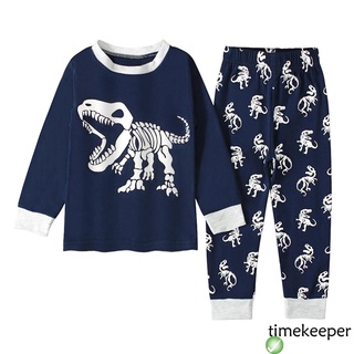 ♀ HV ✥ Niños Casual De Dos Piezas Pijamas Conjunto , Dinosaurio Impreso Patrón Redondo Cuello Jersey Y Pantalones , Azul Marino/Verde/Gris