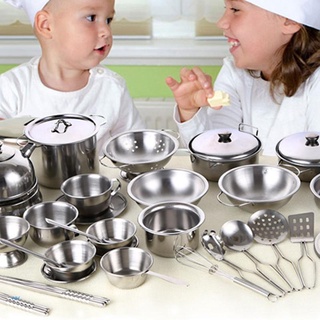 hh 40pcs juego ollas sartenes conjunto para niños cocina playset pretender utensilios de cocina mini acero inoxidable utensilios de cocina desarrollo juguetes edades 3 años