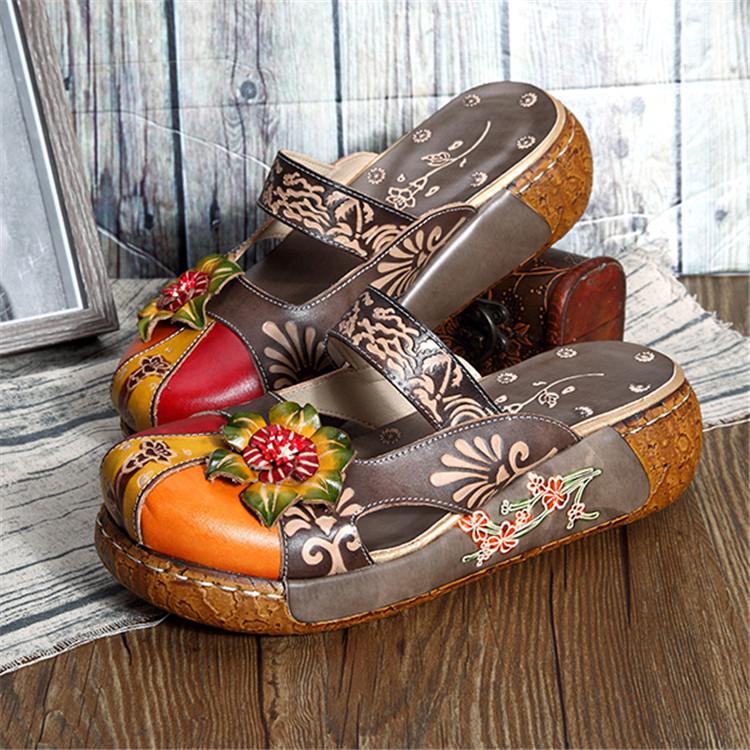 socofy mujeres vintage colorido cuero hueco zapatos sin respaldo flor sandalias