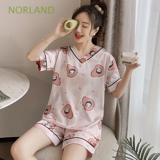 norland cómodo pijama conjuntos suave de dibujos animados femenino ropa de dormir cuello v top pantalones cortos de manga corta 2 unids/set de ropa de dormir de las señoras