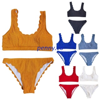 NNY Women Sexy Two Piece Bikini Set Ribbed Knit Push Up Padded Solid Color Swimsuit Scalloped Wavy Edge Bathing Suit