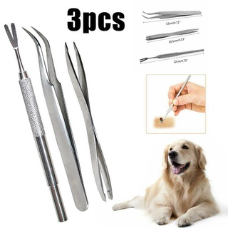 3 piezas para mascotas/gatos/perros/herramienta removedora de garrapatas de acero inoxidable/pinzas de piojos/juego de pinzas para mascotas