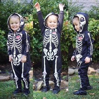 Bebé Niños Halloween Carnaval Purim Disfraz De Niño Cráneo Hueso Esqueleto Mono Cosplay Horror Cremallera Con Capucha Mameluco