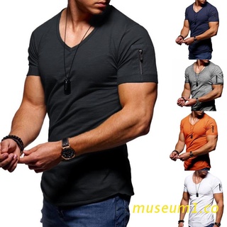 SEUM hombres manga corta cremallera bolsillo T-Shirt V-cuello Color sólido músculo Fitness Slim Tops