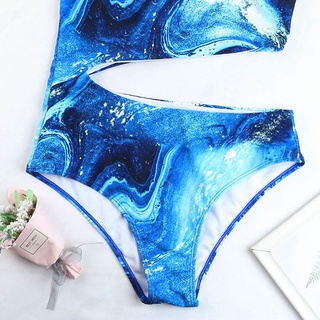 handyou de un hombro de cintura alta azul impresión hueco de las mujeres de una sola pieza traje de baño bikini para la piscina (6)