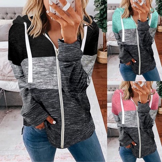 Women Long Sleeve Zip-Up Hoodie Jacket Print Stitching Color Sweatshirt Coat