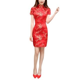 ✲Fn☀Mujer rojo chino Cheongsam, manga corta flor de ciruela impresión flor Split dobladillo Mini vestido de noche