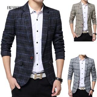 freshone hombres moda slim fit traje blazer abrigo chaqueta outwear top cuadrícula patrón (3)