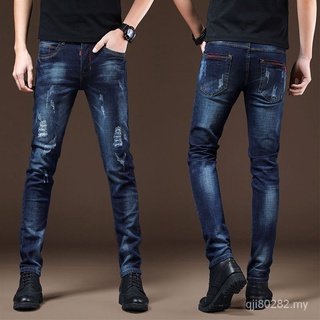 Primavera y verano nuevo agujero exterior Jeans masculino delgado recto Casual Color de pelea