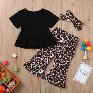 babyya niño bebé niños niñas fruncido sólido camiseta tops leopardo impresión tops trajes conjunto (1)