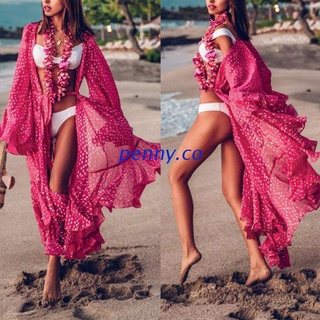 NNY Women Summer Bikini Swimsuit Cover Up Flare Long Sleeve Chiffon Belted Kimono Cardigan Polka Dot Print Ruffles Hem Rose Red Blouse Beach Dress