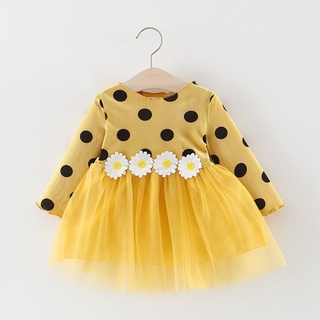 niña bebé manga larga estilo coreano vestido polka-dot lumbar flor malla princesa niña vestido