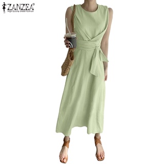 Zanaea mujer estilo calle O-cuello Color sólido sin mangas algodón delgado elegante vestido