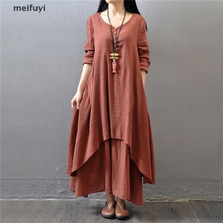 [meifuyi] dos vestidos de lino de manga larga con algodón y lino falso 439co (4)