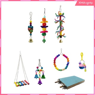 8 x coloridos juguetes para masticar pájaros colgantes con una campana, jaula grande de loro mediano