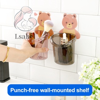lindo oso de dibujos animados de montaje en pared cepillo de dientes titular de la taza punch libre estante de almacenamiento de suministros de baño