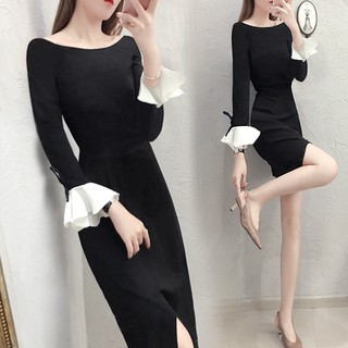 Moda manga larga negro mujeres vestido elegante vestido de noche vestido de fiesta
