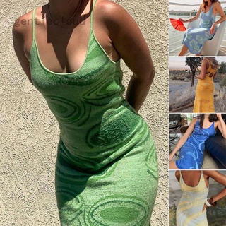Bodycon vestido de las mujeres verde verano hueco sin mangas correa playa Midi vestidos