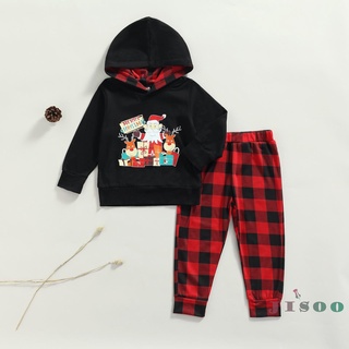 Soo-Baby sudadera con capucha + pantalones, Santa dibujos animados estampado a cuadros patrón feliz navidad primavera ropa