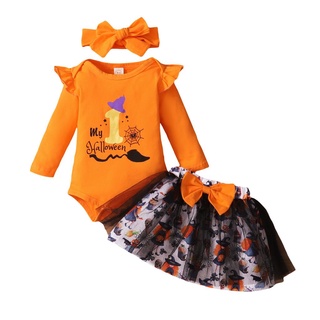 ✿Sw❂3pcs Baby My First Halloween trajes, manga larga letra impresión mameluco + falda de tul + conjunto de diadema