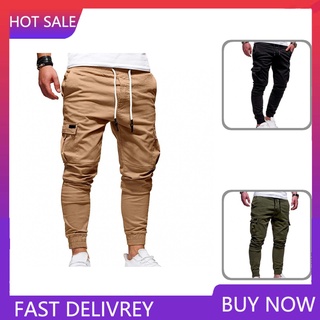 Ty/pantalones Cargo con cordón De múltiples bolsillos De color sólido para hombre (1)