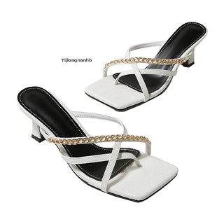 yijiangnanhb sandalias de tacón para mujer cadena de metal cross strappy chanclas tacón mulas caliente