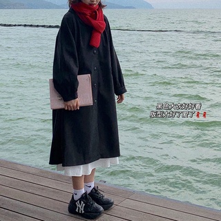 negro lana abrigo de las mujeres de la mitad de la longitud de otoño e invierno japonés estilo universitario suelto estudiante pequeño abrigo de lana de las mujeres