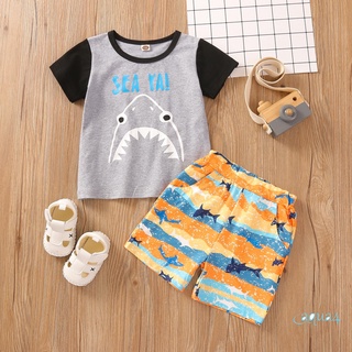 Anana-2pcs niños chándales de verano, dibujos animados tiburón impresión manga corta camiseta + rayas elásticas cintura pantalones cortos para niños