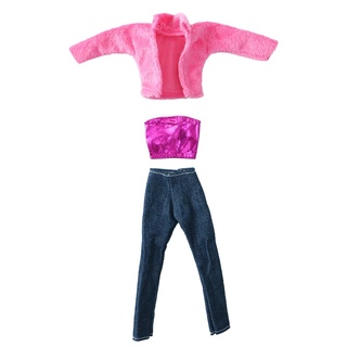 Pantalones De mezclilla Rosa chaleco abrigo De piel Para muñeca Barbie (4)