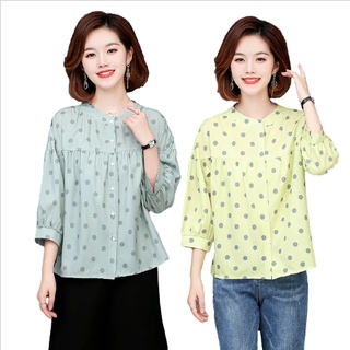 3color 3/4 manga cuello redondo lunares moda blusa suelta Slim Casual Vintage mujeres blusa más el tamaño Baju Tops