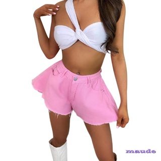 ✿Cj✿Pantalones cortos de estilo suelto para mujer, Color sólido, cintura media, tela de mezclilla acampanada, rosa, gris/blanco