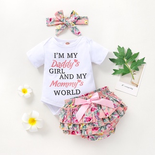 babyya bebé niñas letra floral manga corta mameluco+pantalones cortos+banda de pelo conjuntos