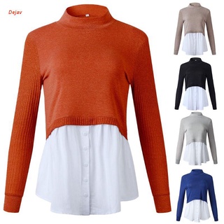 Dejav Women 2 In 1 Patchwork Pullover Top Ribbed Long Sleeve Sweater Layered Shirt Hem