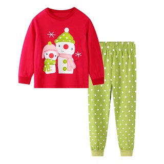 [XHSA]-Kids Girls Christmas Snowman Print Long Sleeve Tops+Pants Pajamas Outfits Sets (1)