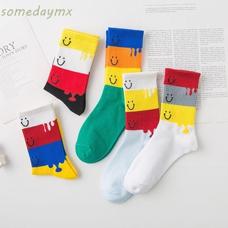 Somedaymx calcetines de tubo medio de moda transpirables para mujer/calcetines de cara sonriente/Color de contraste deportivo/calcetines multicolores para mujer/Hip Hop