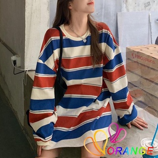 Ord7-mujer Casual manga larga T-shirt moda impresión rayas cuello redondo suelto jersey Tops