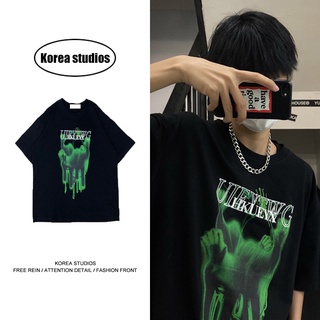 Korea studios-insFashion Brand Hip Hop Fried Street Dark Ghost Print Suelto Manga Corta Camiseta Hombre Y Mujer
